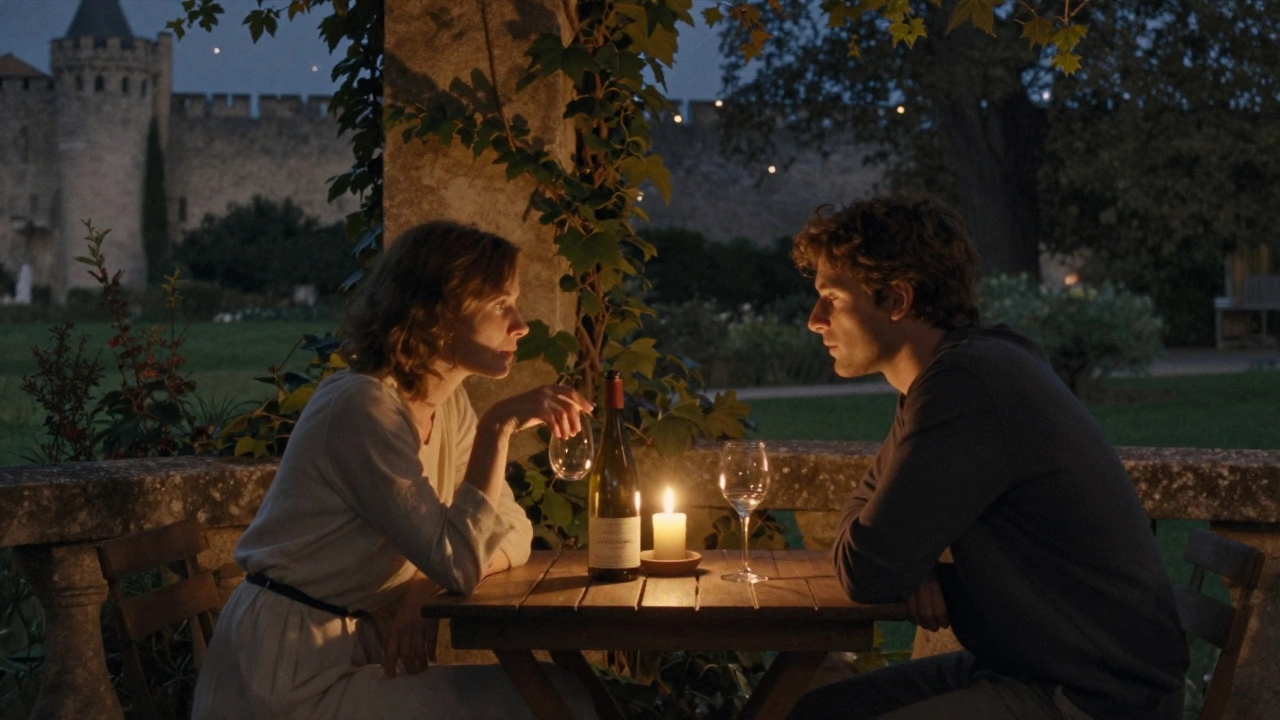 A couple shares a quiet evening on a candlelit garden terrace, a bottle of wine between them under the stars.