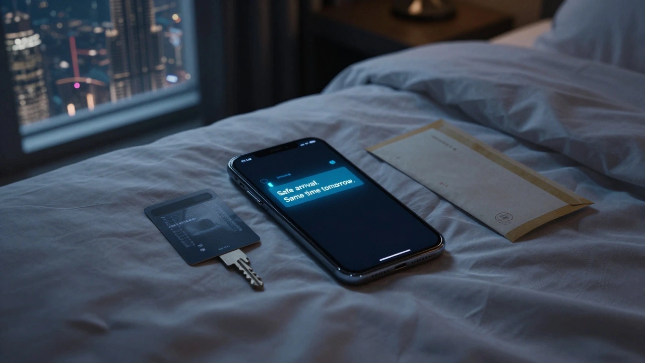 A smartphone displaying an encrypted message on a hotel bed beside cash and a keycard, no faces visible.