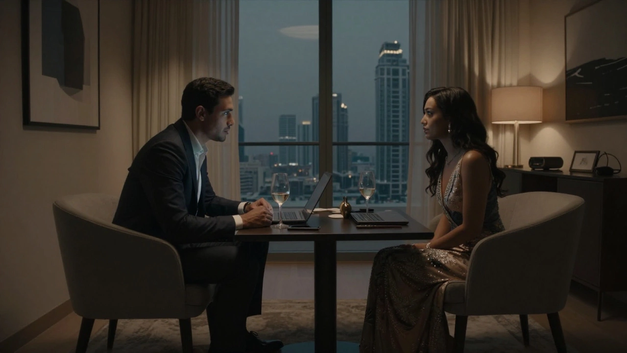 Two people in formal attire having a quiet, intimate conversation in a private Dubai apartment lounge.